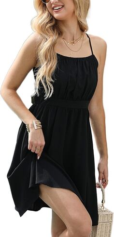 Women's Summer Dresses Spaghetti Strap Sleeveless Beach Floral Sundress with Pockets A Line Flowy Casual Smocked Midi Dress in Saudi Arabia