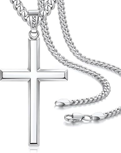 925 Sterling Silver Cross Necklace for Men, 14k Gold Plated Sterling Silver Cross Necklace with 5mm 316L Stainless Steel Cuban Chain Necklaces for Men Women 16-26 Inch in Saudi Arabia