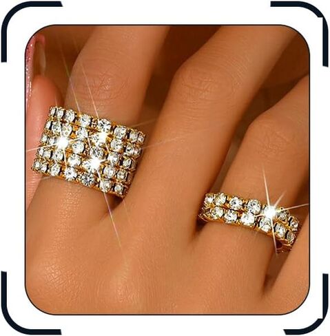 2Pcs Rhinestone Rings Set for Women Bling Crystal Stretch Rings Gold Silver Black Elastic Knuckle Ring Chunky Statement Ring Sparkly Stretchy Stack Finger Jewelry in Saudi Arabia