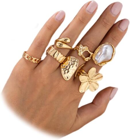 7 Pcs Stacking Chunky Baroque Pearl Rings, Dainty Boho White or Gold Pleated Flower Knuckle Ring for Women Trendy Thick Party Prom Charm Finger Jewelry in Saudi Arabia