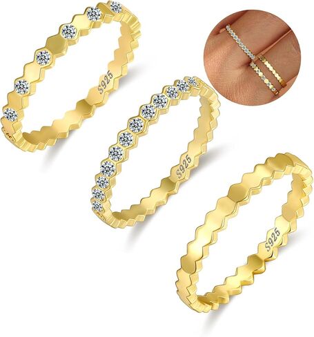 WEDDINEN Stackable Sterling Silver Rings for Women Non Tarnish Dainty 14K Gold Plated Stack Thin Rings Cubic Zirconia Thumb Ring Set Statement Wedding Bands Engagement Rings Jewelry Gifts Size 6-10 in Saudi Arabia