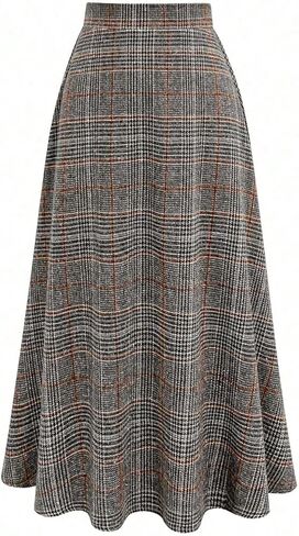 Gray Rust Plaid Skirt for Women - High-Waisted Flared A-Line Houndstooth Casual Office Maxi Midi Skirt in Kuwait
