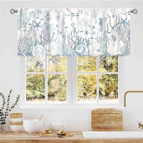 Coastal Valance, Nautical Blue Summer Seahorse Sea Turtle Starfish Seashell Undersea Animal Rod Pocket Small Window Valance for Kitchen Cafe Living Room Bedroom Cabinet Bathroom, 54"x18" Inch in Saudi Arabia