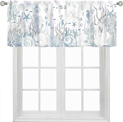 Coastal Valance, Nautical Blue Summer Seahorse Sea Turtle Starfish Seashell Undersea Animal Rod Pocket Small Window Valance for Kitchen Cafe Living Room Bedroom Cabinet Bathroom, 54"x18" Inch in Saudi Arabia