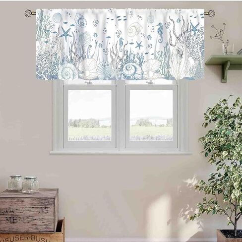 Coastal Valance, Nautical Blue Summer Seahorse Sea Turtle Starfish Seashell Undersea Animal Rod Pocket Small Window Valance for Kitchen Cafe Living Room Bedroom Cabinet Bathroom, 54"x18" Inch in Saudi Arabia