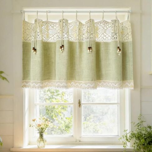 1 Panel Vintage Green Linen Curtain Valance with Beaded Rope Stitching Crochet Cafe Kitchen Curtain Tier for Bedroom Living Room Doorway Tie Tab Top (Green,W39 x L17.7 inches) in Saudi Arabia