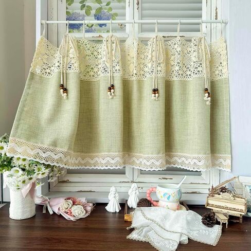 1 Panel Vintage Green Linen Curtain Valance with Beaded Rope Stitching Crochet Cafe Kitchen Curtain Tier for Bedroom Living Room Doorway Tie Tab Top (Green,W39 x L17.7 inches) in Saudi Arabia