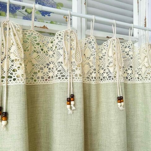 1 Panel Vintage Green Linen Curtain Valance with Beaded Rope Stitching Crochet Cafe Kitchen Curtain Tier for Bedroom Living Room Doorway Tie Tab Top (Green,W39 x L17.7 inches) in Saudi Arabia