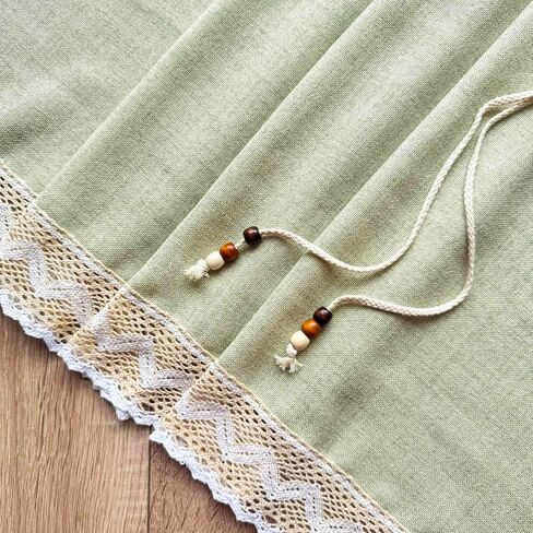 1 Panel Vintage Green Linen Curtain Valance with Beaded Rope Stitching Crochet Cafe Kitchen Curtain Tier for Bedroom Living Room Doorway Tie Tab Top (Green,W39 x L17.7 inches) in Saudi Arabia