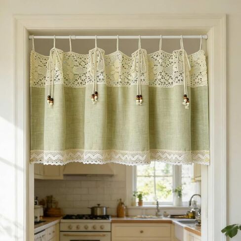 1 Panel Vintage Green Linen Curtain Valance with Beaded Rope Stitching Crochet Cafe Kitchen Curtain Tier for Bedroom Living Room Doorway Tie Tab Top (Green,W39 x L17.7 inches) in Saudi Arabia