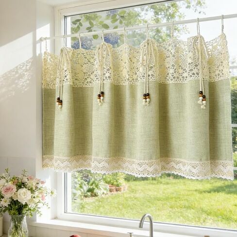 1 Panel Vintage Green Linen Curtain Valance with Beaded Rope Stitching Crochet Cafe Kitchen Curtain Tier for Bedroom Living Room Doorway Tie Tab Top (Green,W39 x L17.7 inches) in Saudi Arabia
