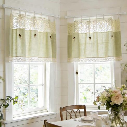 1 Panel Vintage Green Linen Curtain Valance with Beaded Rope Stitching Crochet Cafe Kitchen Curtain Tier for Bedroom Living Room Doorway Tie Tab Top (Green,W39 x L17.7 inches) in Saudi Arabia