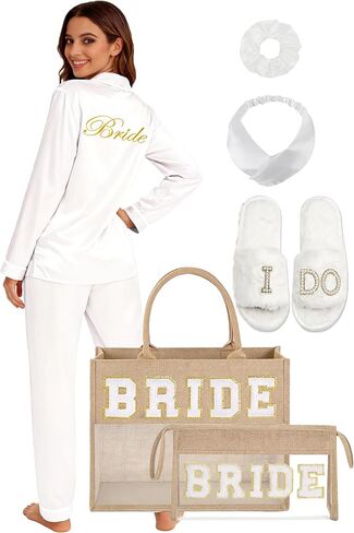 EPLAZA 6 Pcs Bride Pajamas for Wedding Day Set Bridal Pajama with Slippers Tote Makeup Bag Bridal Bachelor Party Pjs Set in Kuwait