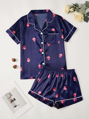 Womens Silk Pajama Sets Blue Button Up Satin Pjs Short Sleeve 2 Piece Pj Sets Cute Lounge Sets with Chest Pocket in Kuwait