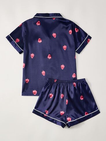 Womens Silk Pajama Sets Blue Button Up Satin Pjs Short Sleeve 2 Piece Pj Sets Cute Lounge Sets with Chest Pocket in Kuwait