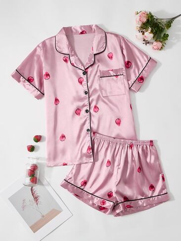 Womens Silk Pajama Sets Blue Button Up Satin Pjs Short Sleeve 2 Piece Pj Sets Cute Lounge Sets with Chest Pocket in Kuwait