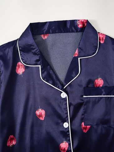 Womens Silk Pajama Sets Blue Button Up Satin Pjs Short Sleeve 2 Piece Pj Sets Cute Lounge Sets with Chest Pocket in Kuwait