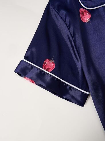Womens Silk Pajama Sets Blue Button Up Satin Pjs Short Sleeve 2 Piece Pj Sets Cute Lounge Sets with Chest Pocket in Kuwait