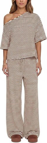 Ythomm Striped Pajama Sets Womens Two Piece Lounge Outfits Short Sleeve Off Shoulder Shirts Drawstring Pants Matching Pj Sets in Saudi Arabia