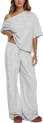 Ythomm Striped Pajama Sets Womens Two Piece Lounge Outfits Short Sleeve Off Shoulder Shirts Drawstring Pants Matching Pj Sets in Saudi Arabia