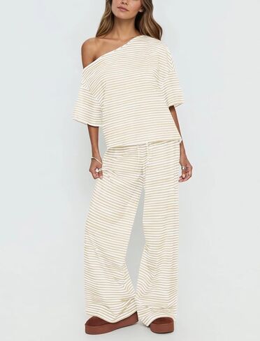 Ythomm Striped Pajama Sets Womens Two Piece Lounge Outfits Short Sleeve Off Shoulder Shirts Drawstring Pants Matching Pj Sets in Saudi Arabia