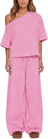 Ythomm Striped Pajama Sets Womens Two Piece Lounge Outfits Short Sleeve Off Shoulder Shirts Drawstring Pants Matching Pj Sets in Saudi Arabia