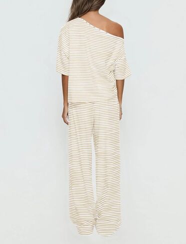 Ythomm Striped Pajama Sets Womens Two Piece Lounge Outfits Short Sleeve Off Shoulder Shirts Drawstring Pants Matching Pj Sets in Saudi Arabia