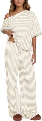 Ythomm Striped Pajama Sets Womens Two Piece Lounge Outfits Short Sleeve Off Shoulder Shirts Drawstring Pants Matching Pj Sets in Saudi Arabia