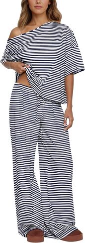 Ythomm Striped Pajama Sets Womens Two Piece Lounge Outfits Short Sleeve Off Shoulder Shirts Drawstring Pants Matching Pj Sets in Saudi Arabia