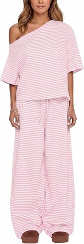 Ythomm Striped Pajama Sets Womens Two Piece Lounge Outfits Short Sleeve Off Shoulder Shirts Drawstring Pants Matching Pj Sets in Saudi Arabia