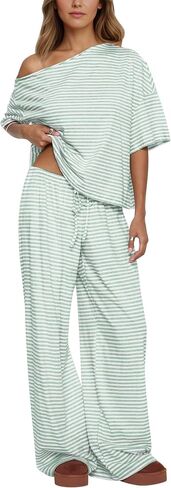 Ythomm Striped Pajama Sets Womens Two Piece Lounge Outfits Short Sleeve Off Shoulder Shirts Drawstring Pants Matching Pj Sets in Saudi Arabia