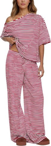 Ythomm Striped Pajama Sets Womens Two Piece Lounge Outfits Short Sleeve Off Shoulder Shirts Drawstring Pants Matching Pj Sets in Saudi Arabia
