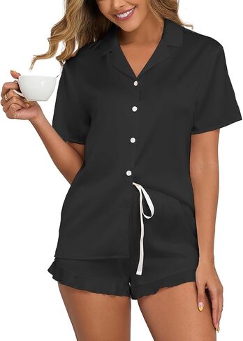 Veseacky Women Satin Pajamas Set 2 Piece Button Down Short Sleeve Soft Sleepwear with Pockets in Saudi Arabia