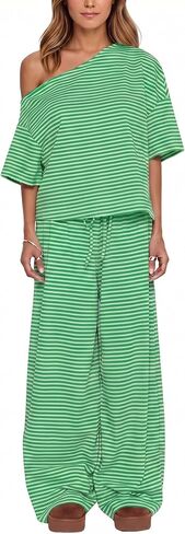 Ythomm Striped Pajama Sets Womens Two Piece Lounge Outfits Short Sleeve Off Shoulder Shirts Drawstring Pants Matching Pj Sets in Saudi Arabia