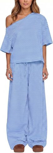 Ythomm Striped Pajama Sets Womens Two Piece Lounge Outfits Short Sleeve Off Shoulder Shirts Drawstring Pants Matching Pj Sets in Saudi Arabia