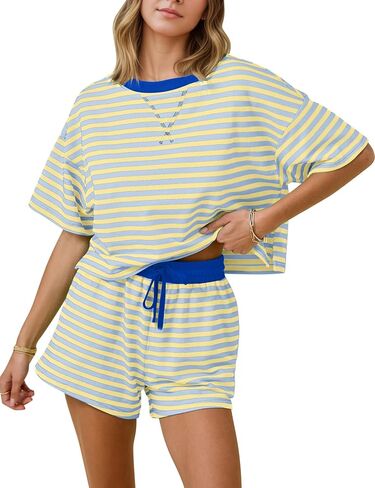 calbatic Womens 2 Piece Lounge Set Striped Summer Matching PJ Set Short Sleeve Oversized T Shirt and Shorts Outfits in Saudi Arabia