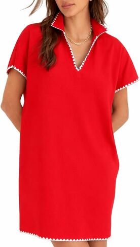 VAOYIU Summer Polo Shirt Dresses for Women Loose Fit Casual V-Neck Short Sleeve Tennis Dress with Contrast Scalloped Trim in Saudi Arabia