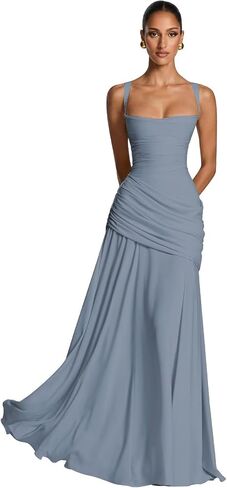 Chiffon Square Neck Prom Dresses 2026 for Women Long A Line Pleated Corset Formal Evening Party Gown in Saudi Arabia