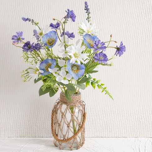LUEUR Fake Flowers with Vase – Artificial Poppy & Sunflower Arrangement in Purple & Blue, Spring Floral Centerpiece for Coffee Table, Dining Room, Living Room & Farmhouse Home Decor in Kuwait