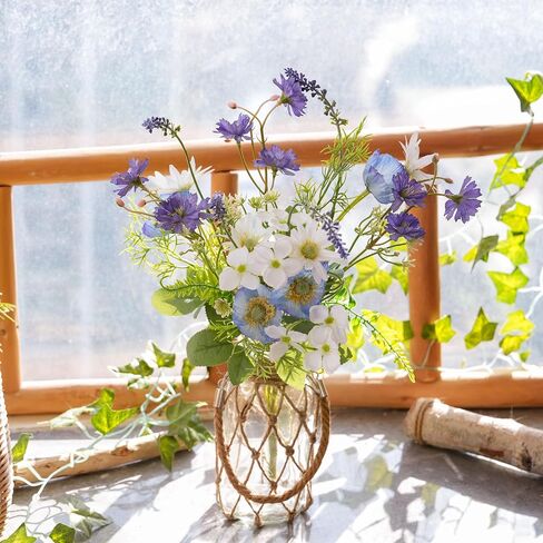 LUEUR Fake Flowers with Vase – Artificial Poppy & Sunflower Arrangement in Purple & Blue, Spring Floral Centerpiece for Coffee Table, Dining Room, Living Room & Farmhouse Home Decor in Saudi Arabia