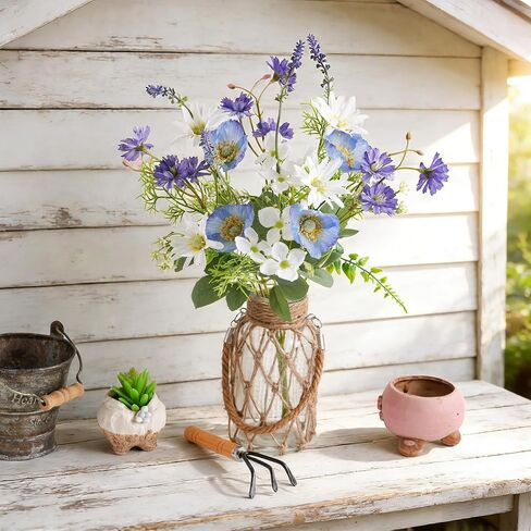 LUEUR Fake Flowers with Vase – Artificial Poppy & Sunflower Arrangement in Purple & Blue, Spring Floral Centerpiece for Coffee Table, Dining Room, Living Room & Farmhouse Home Decor in Saudi Arabia