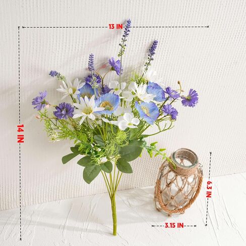 LUEUR Fake Flowers with Vase – Artificial Poppy & Sunflower Arrangement in Purple & Blue, Spring Floral Centerpiece for Coffee Table, Dining Room, Living Room & Farmhouse Home Decor in Saudi Arabia