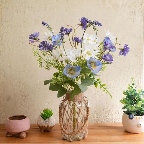LUEUR Fake Flowers with Vase – Artificial Poppy & Sunflower Arrangement in Purple & Blue, Spring Floral Centerpiece for Coffee Table, Dining Room, Living Room & Farmhouse Home Decor in Saudi Arabia