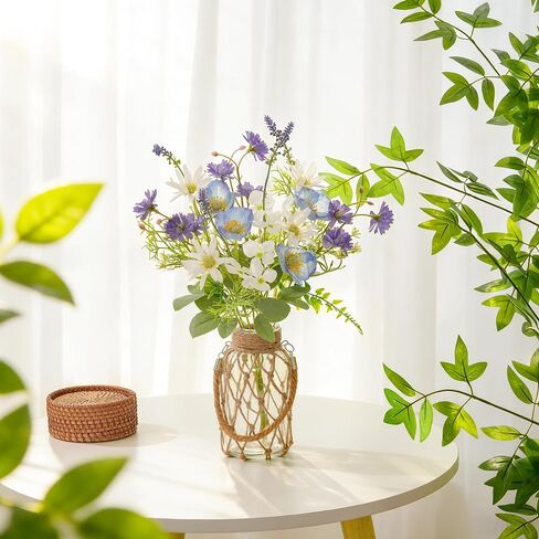 LUEUR Fake Flowers with Vase – Artificial Poppy & Sunflower Arrangement in Purple & Blue, Spring Floral Centerpiece for Coffee Table, Dining Room, Living Room & Farmhouse Home Decor in Saudi Arabia