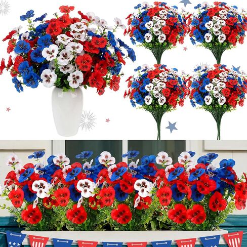 Hoteam 24 Pcs 4th of July Artificial Flowers 14 Inch Red Blue White Patriotic Pansy Flowers Picks 250th Anniversary Decoration Independence Day Fake Faux Silk Pansy for Outdoor Memorial Home Decor in Kuwait