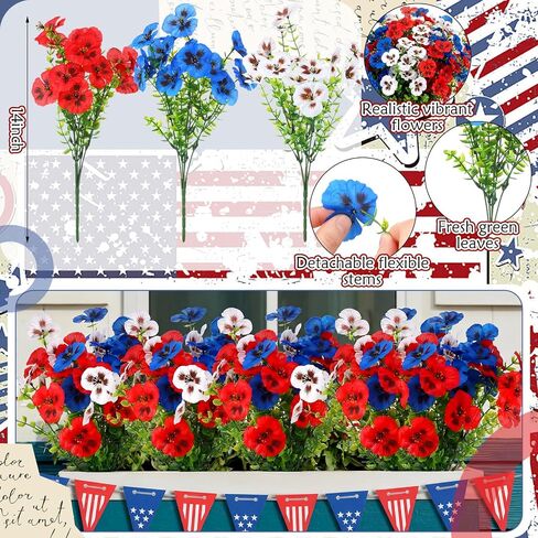 Hoteam 24 Pcs 4th of July Artificial Flowers 14 Inch Red Blue White Patriotic Pansy Flowers Picks 250th Anniversary Decoration Independence Day Fake Faux Silk Pansy for Outdoor Memorial Home Decor in Kuwait