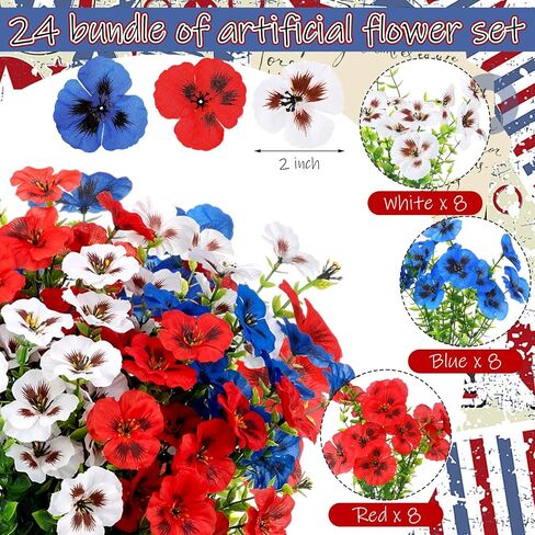 Hoteam 24 Pcs 4th of July Artificial Flowers 14 Inch Red Blue White Patriotic Pansy Flowers Picks 250th Anniversary Decoration Independence Day Fake Faux Silk Pansy for Outdoor Memorial Home Decor in Kuwait