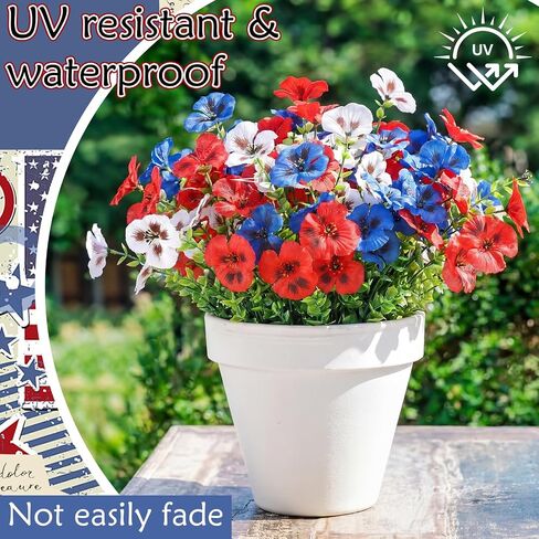Hoteam 24 Pcs 4th of July Artificial Flowers 14 Inch Red Blue White Patriotic Pansy Flowers Picks 250th Anniversary Decoration Independence Day Fake Faux Silk Pansy for Outdoor Memorial Home Decor in Kuwait