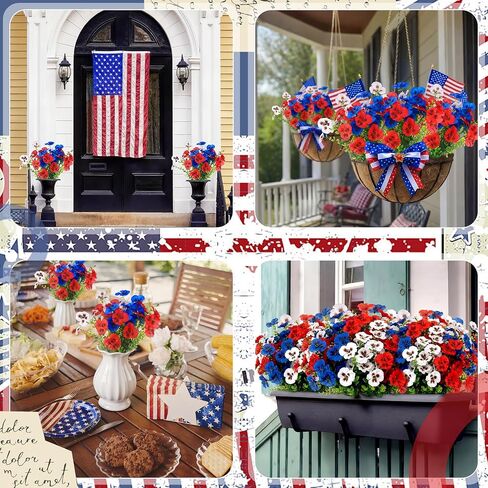 Hoteam 24 Pcs 4th of July Artificial Flowers 14 Inch Red Blue White Patriotic Pansy Flowers Picks 250th Anniversary Decoration Independence Day Fake Faux Silk Pansy for Outdoor Memorial Home Decor in Kuwait