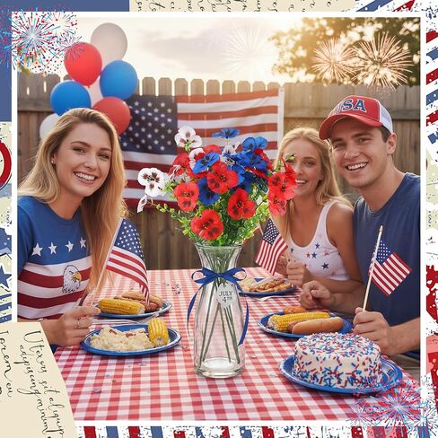 Hoteam 24 Pcs 4th of July Artificial Flowers 14 Inch Red Blue White Patriotic Pansy Flowers Picks 250th Anniversary Decoration Independence Day Fake Faux Silk Pansy for Outdoor Memorial Home Decor in Kuwait